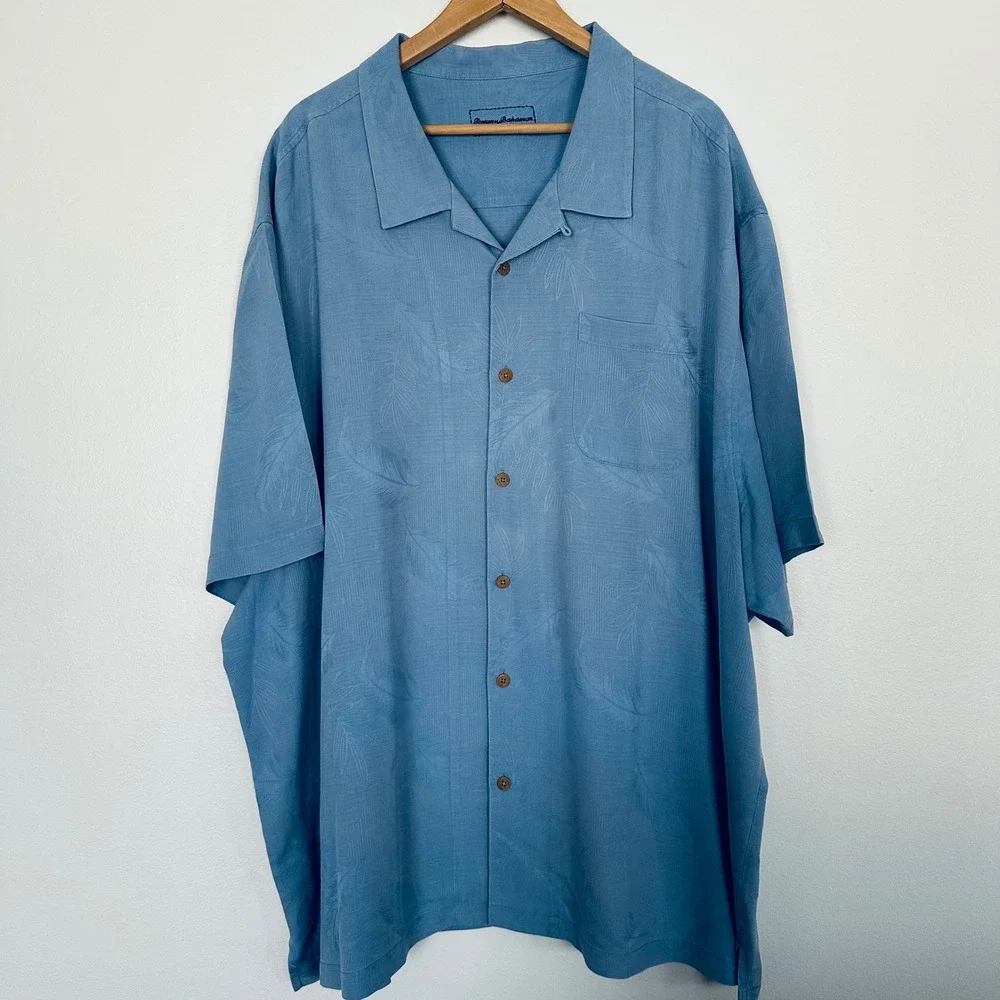 Tommy Bahama 109% Silk Camp Shirt Mens 4XB Blue Jacquard Leaf Short Sleeve - Picture 2 of 15